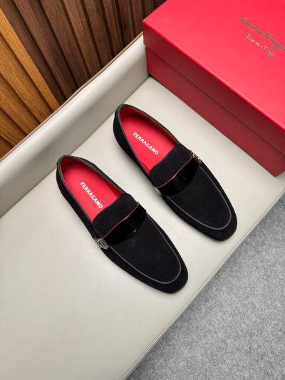 Ferragamo Black velvet Leather Shoes-Ferragamo Man Business Leather Shoes